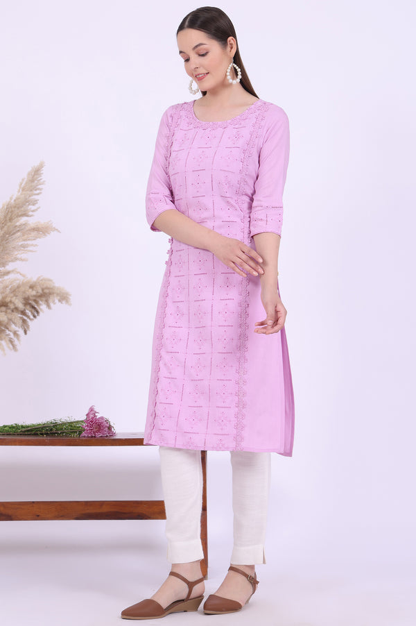 Purple Embroidered Straight Kurta