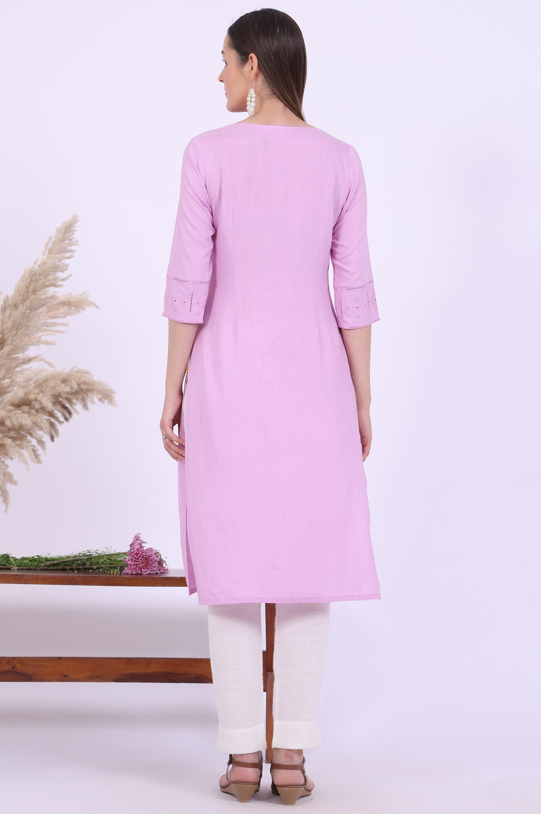 Purple Embroidered Straight Kurta
