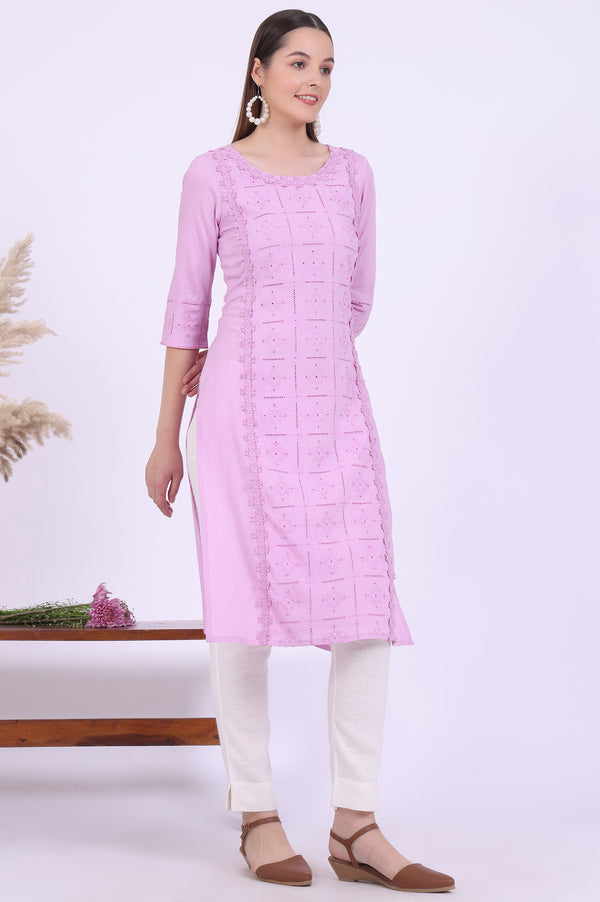 Purple Embroidered Straight Kurta