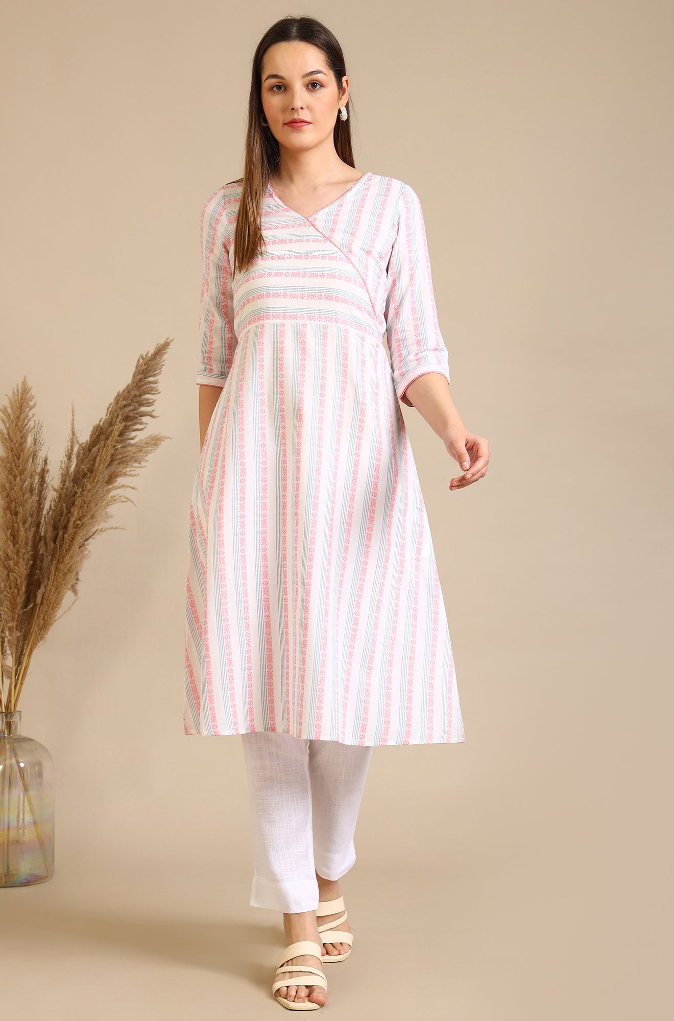 White Striped Pure Cotton Mock Angrakha Kurta