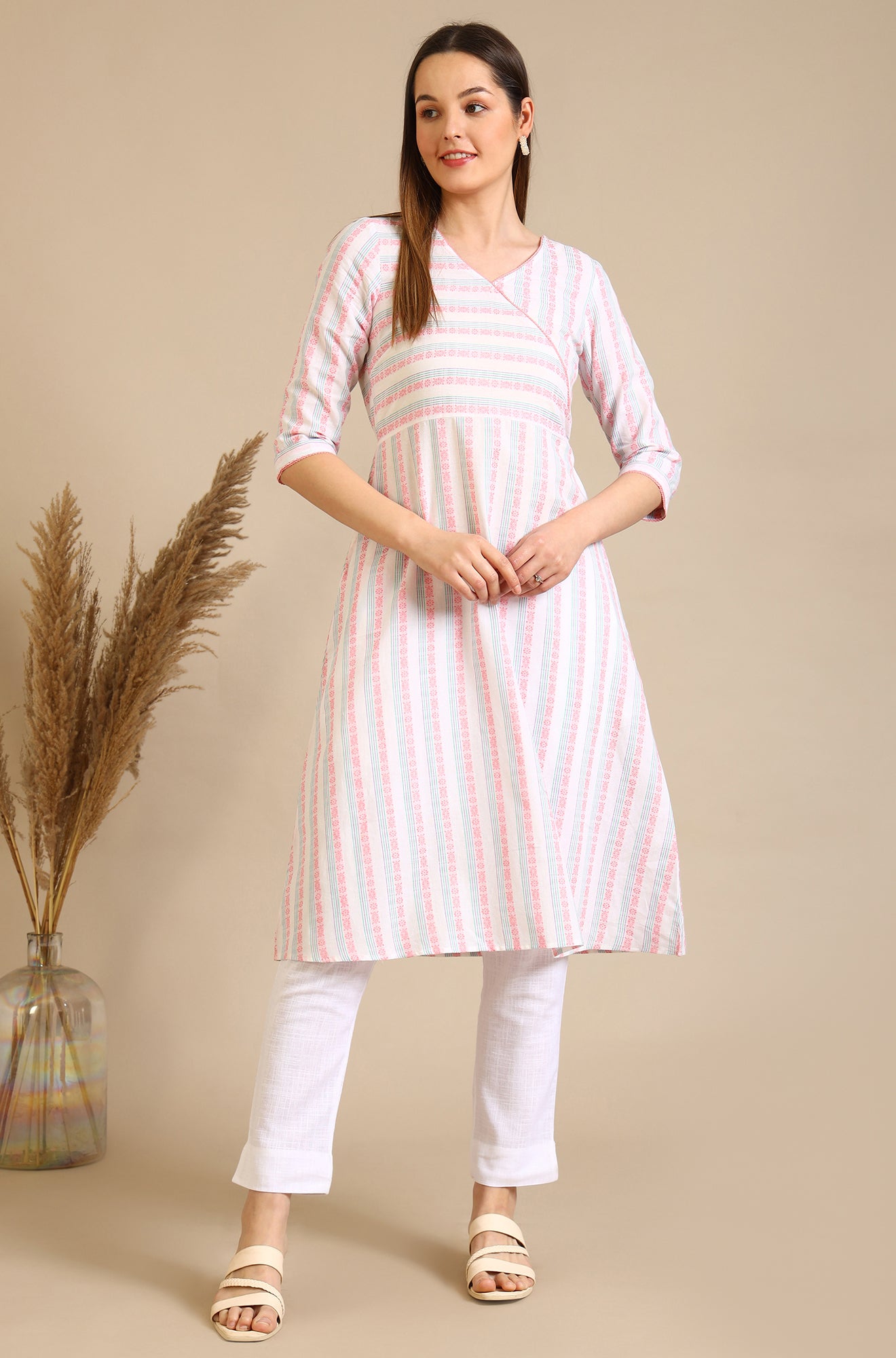 White Striped Pure Cotton Mock Angrakha Kurta