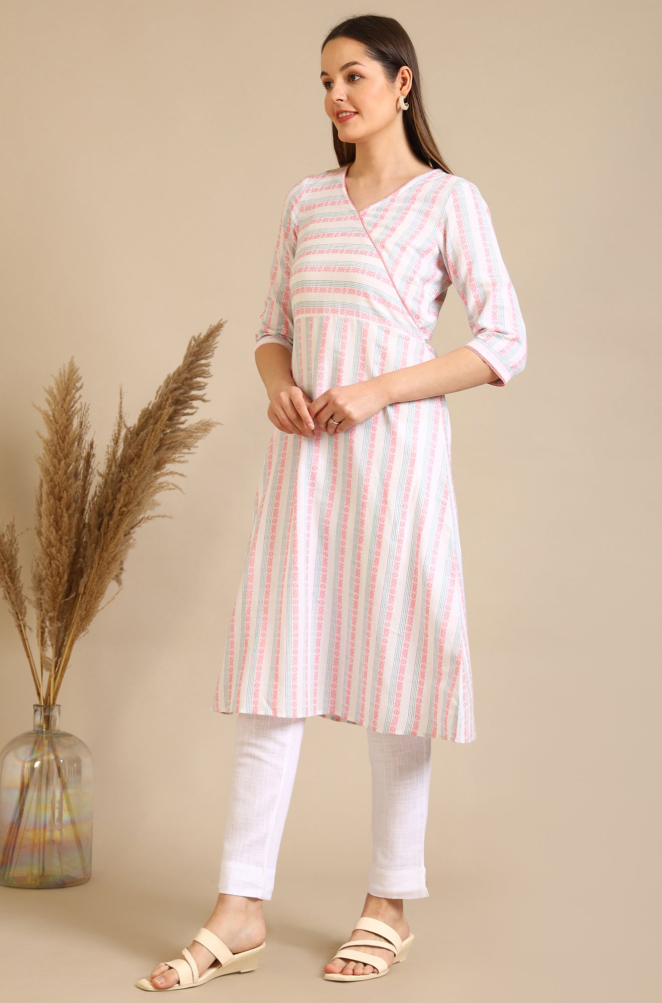 White Striped Pure Cotton Mock Angrakha Kurta