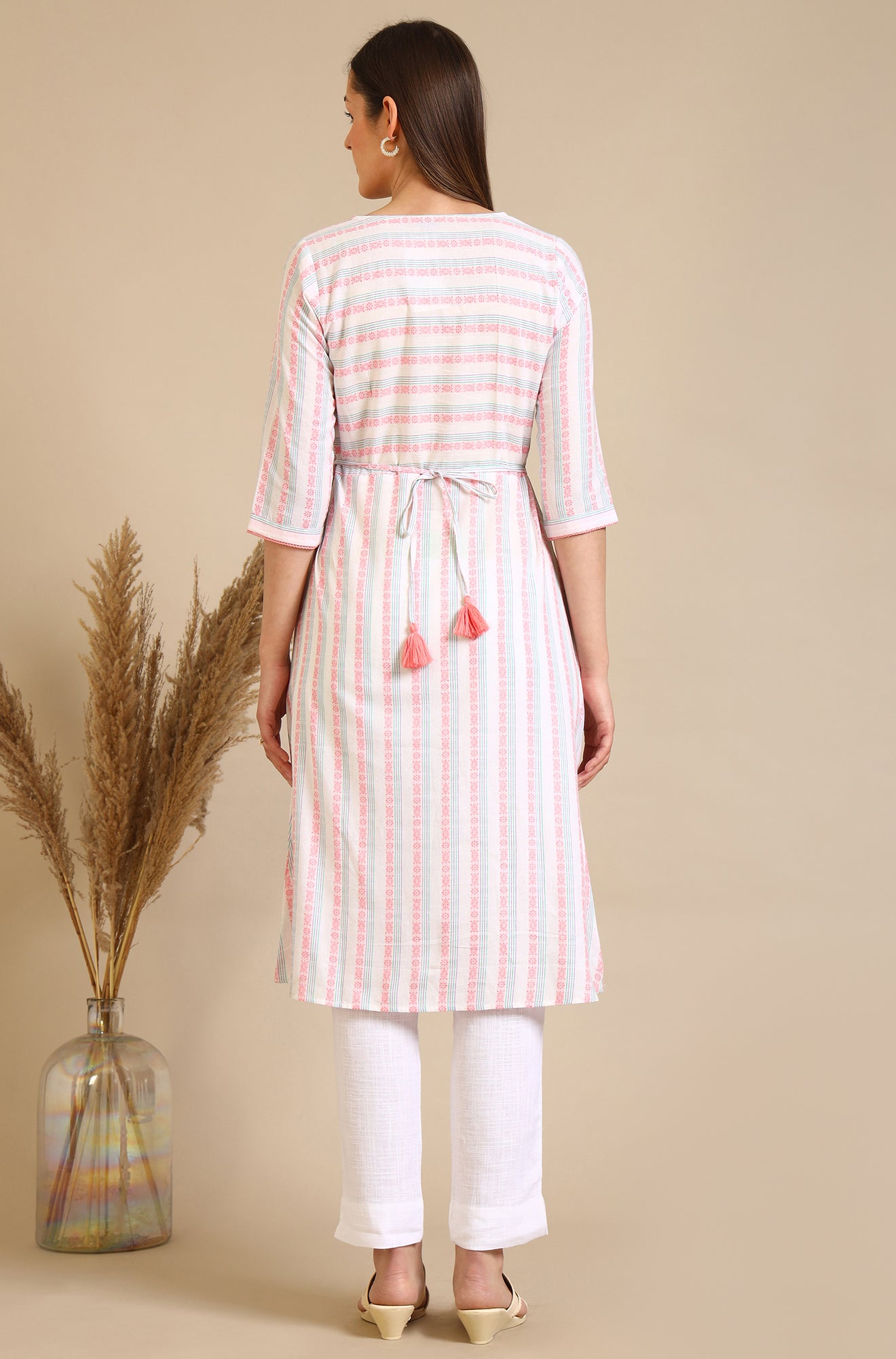 White Striped Pure Cotton Mock Angrakha Kurta