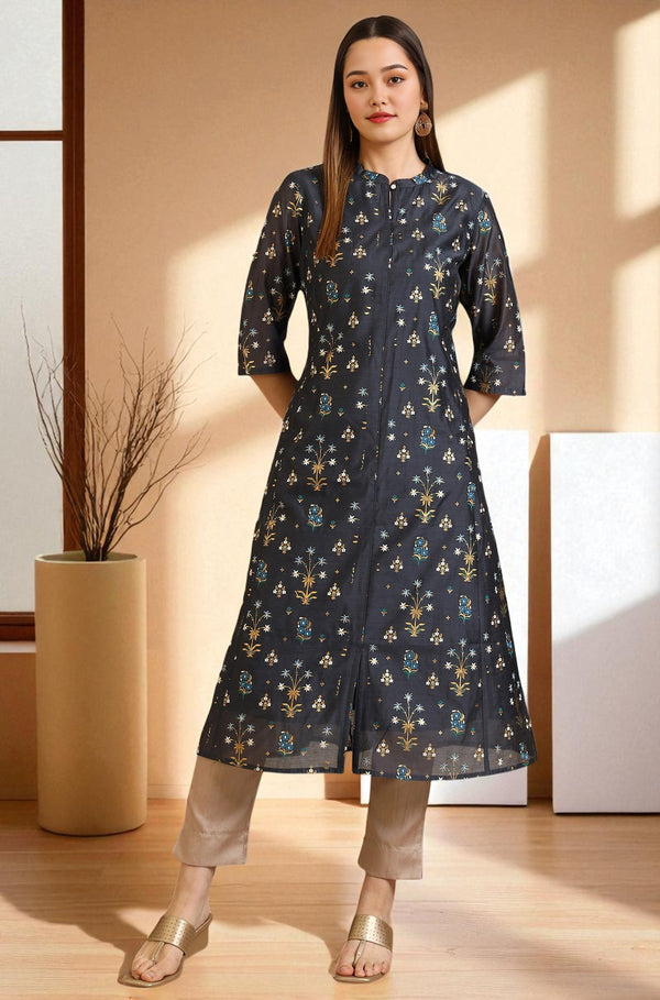 Grey Floral Printed A-line Chanderi Kurta