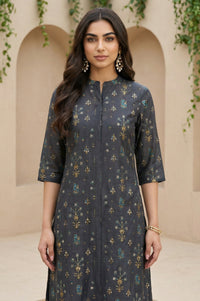 Grey Floral Printed A-line Chanderi Kurta