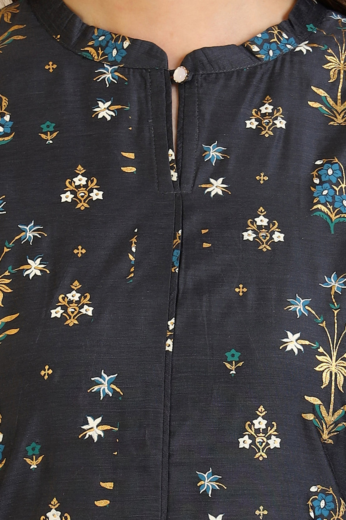 Grey Floral Printed A-line Chanderi Kurta