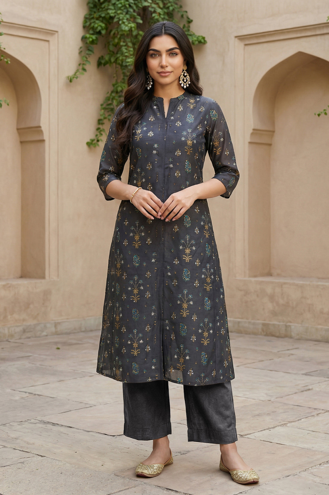 Grey Floral Printed A-line Chanderi Kurta