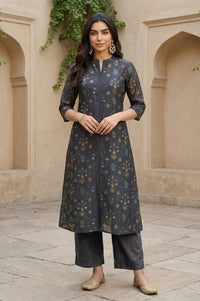 Grey Floral Printed A-line Chanderi Kurta