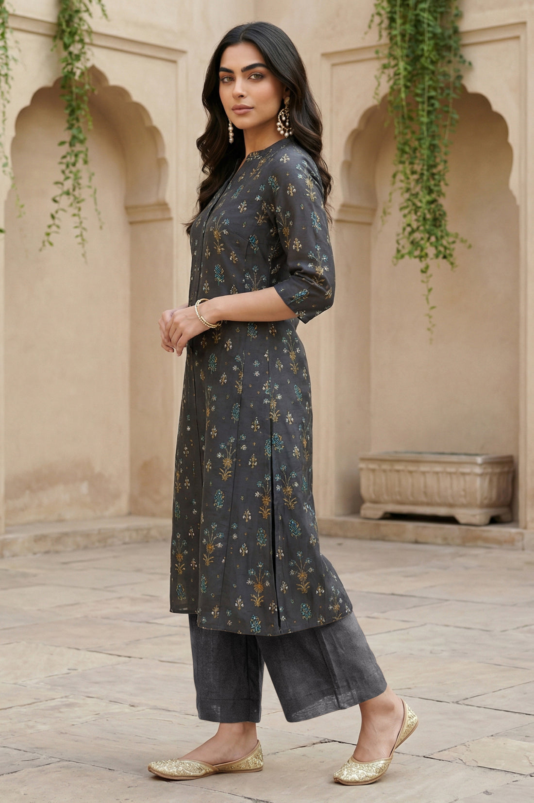 Grey Floral Printed A-line Chanderi Kurta