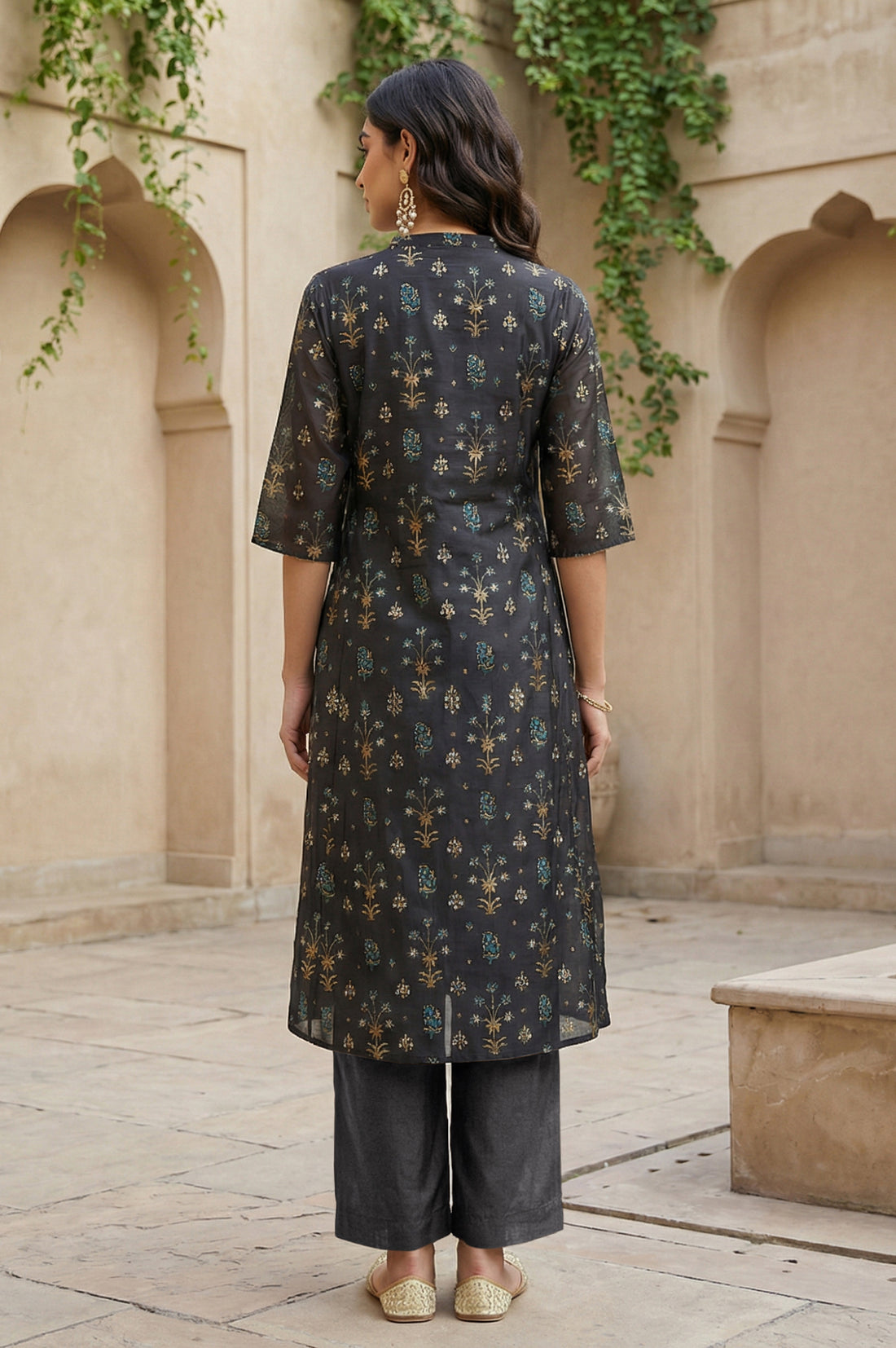 Grey Floral Printed A-line Chanderi Kurta