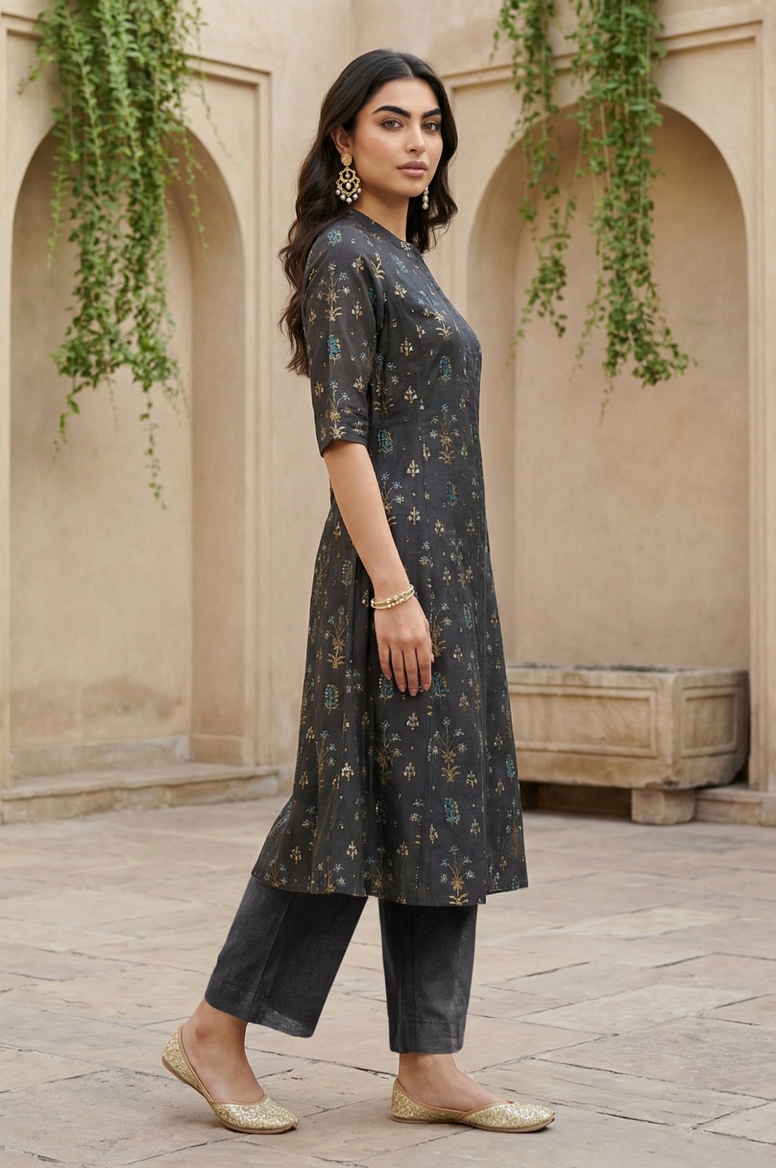 Grey Floral Printed A-line Chanderi Kurta