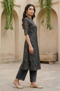 Grey Floral Printed A-line Chanderi Kurta