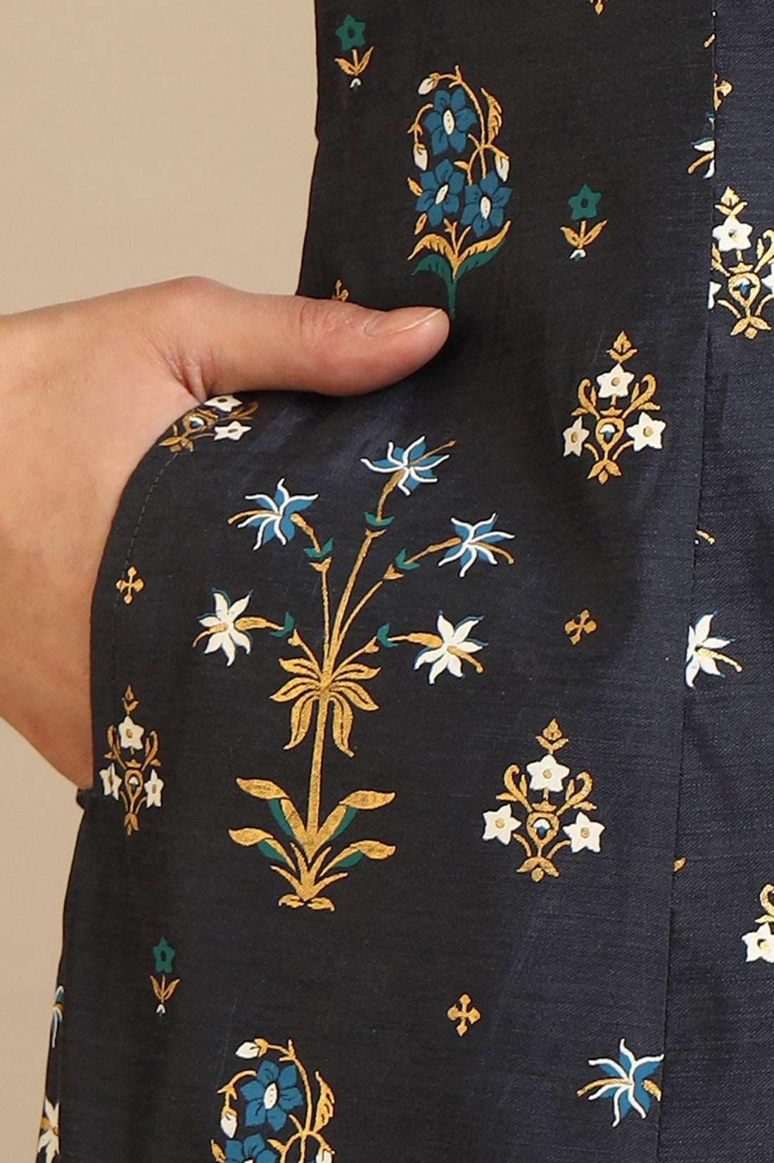 Grey Floral Printed A-line Chanderi Kurta