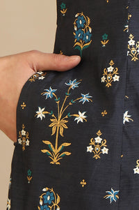 Grey Floral Printed A-line Chanderi Kurta