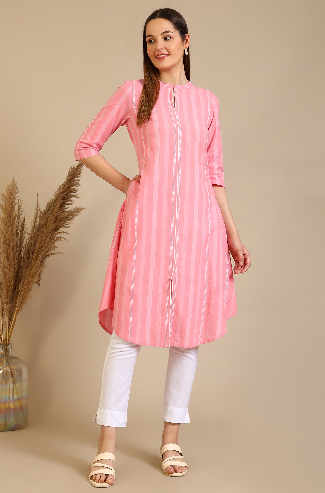 Pink Stripe Pure Cotton A-line Kurta