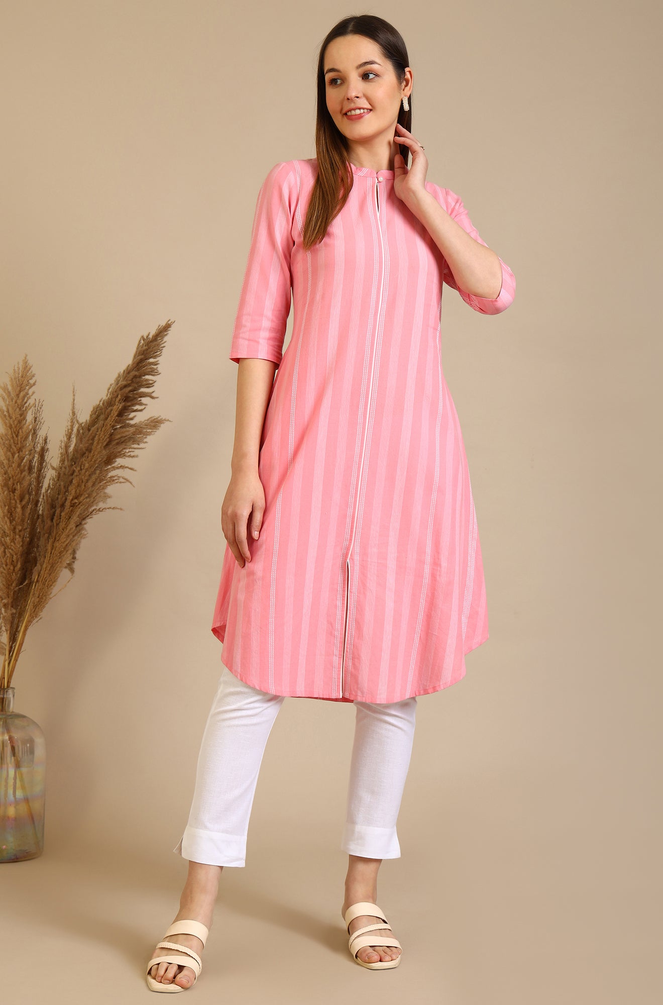 Pink Stripe Pure Cotton A-line Kurta