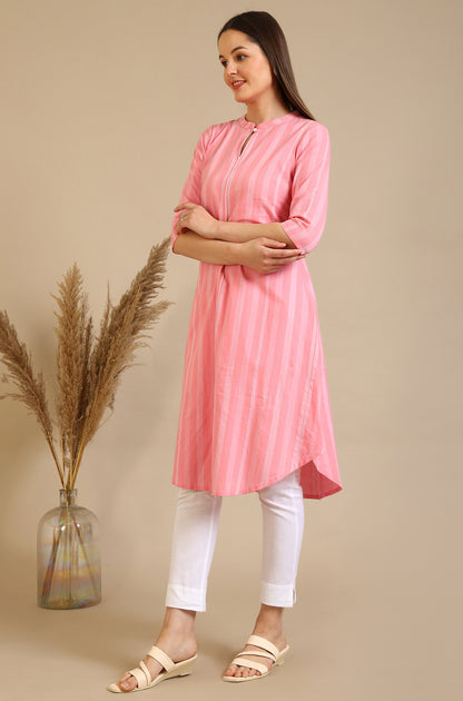 Pink Stripe Pure Cotton A-line Kurta