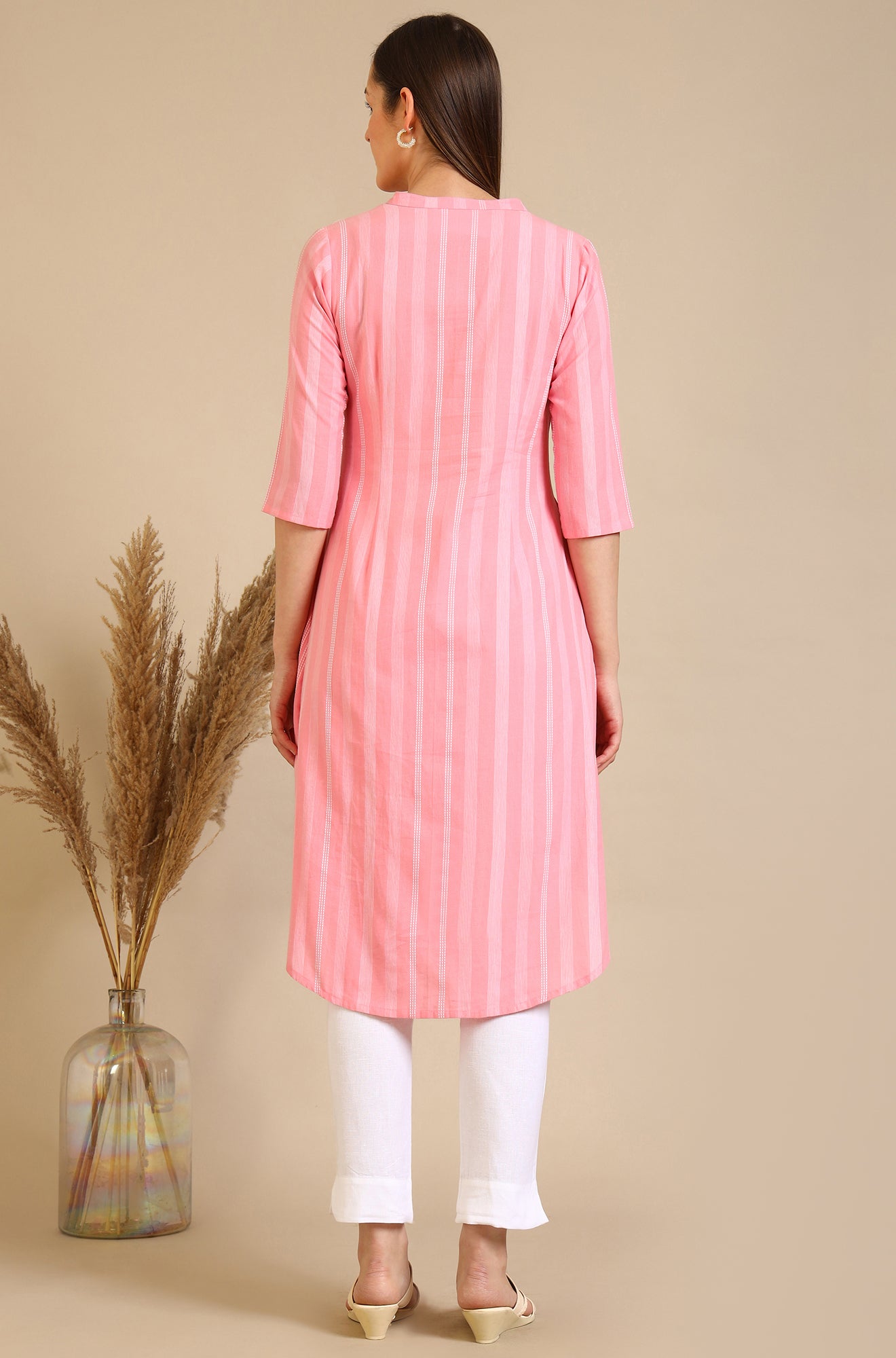 Pink Stripe Pure Cotton A-line Kurta