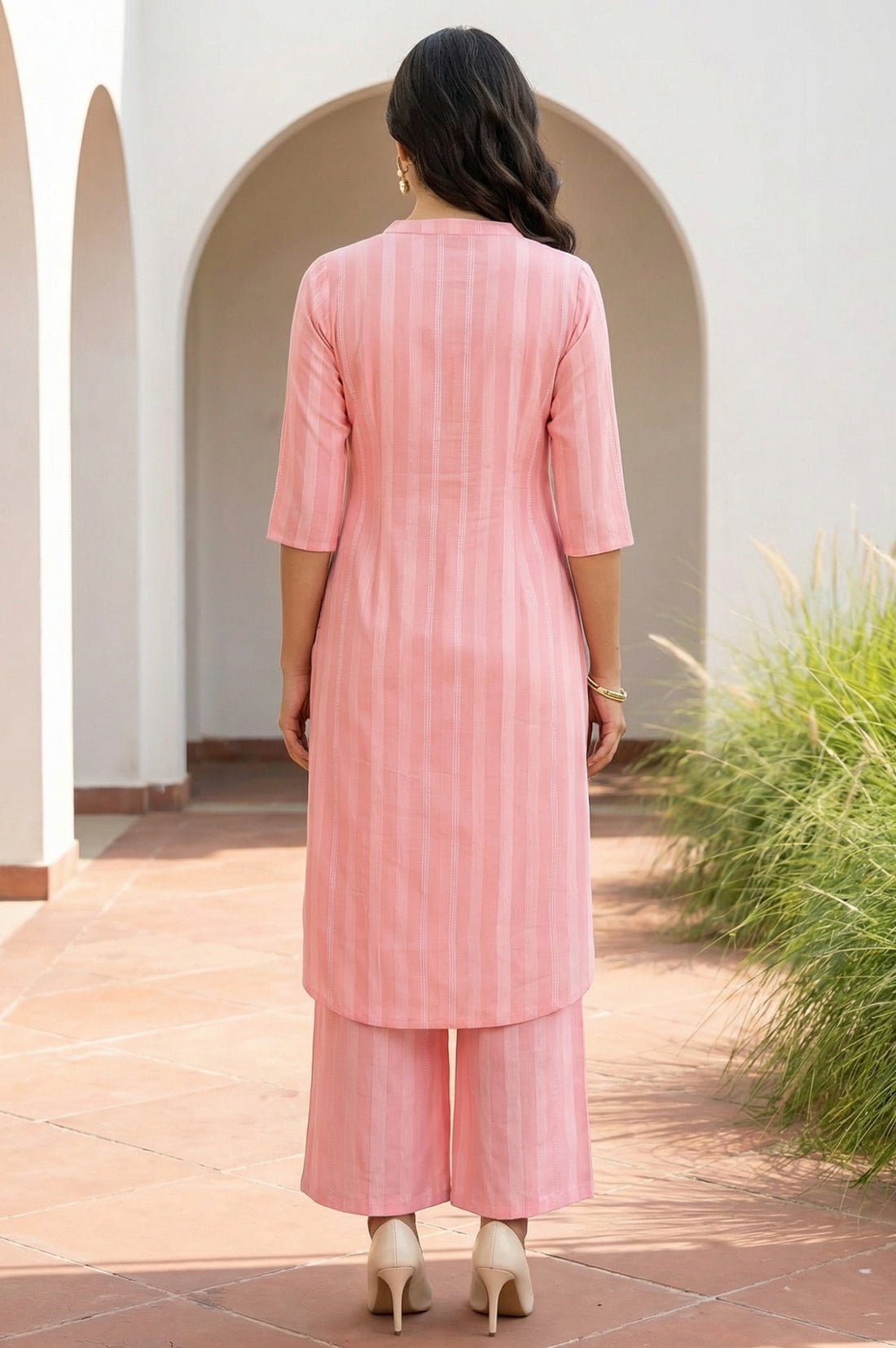 Pink Stripe Pure Cotton A-line Kurta