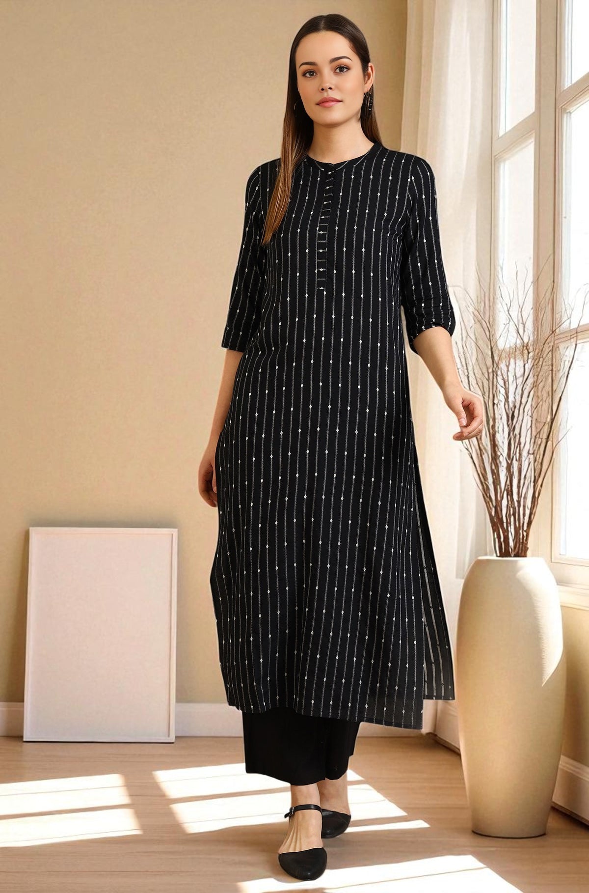 Black Yarn Dyed Striped Straight Kurta - XS