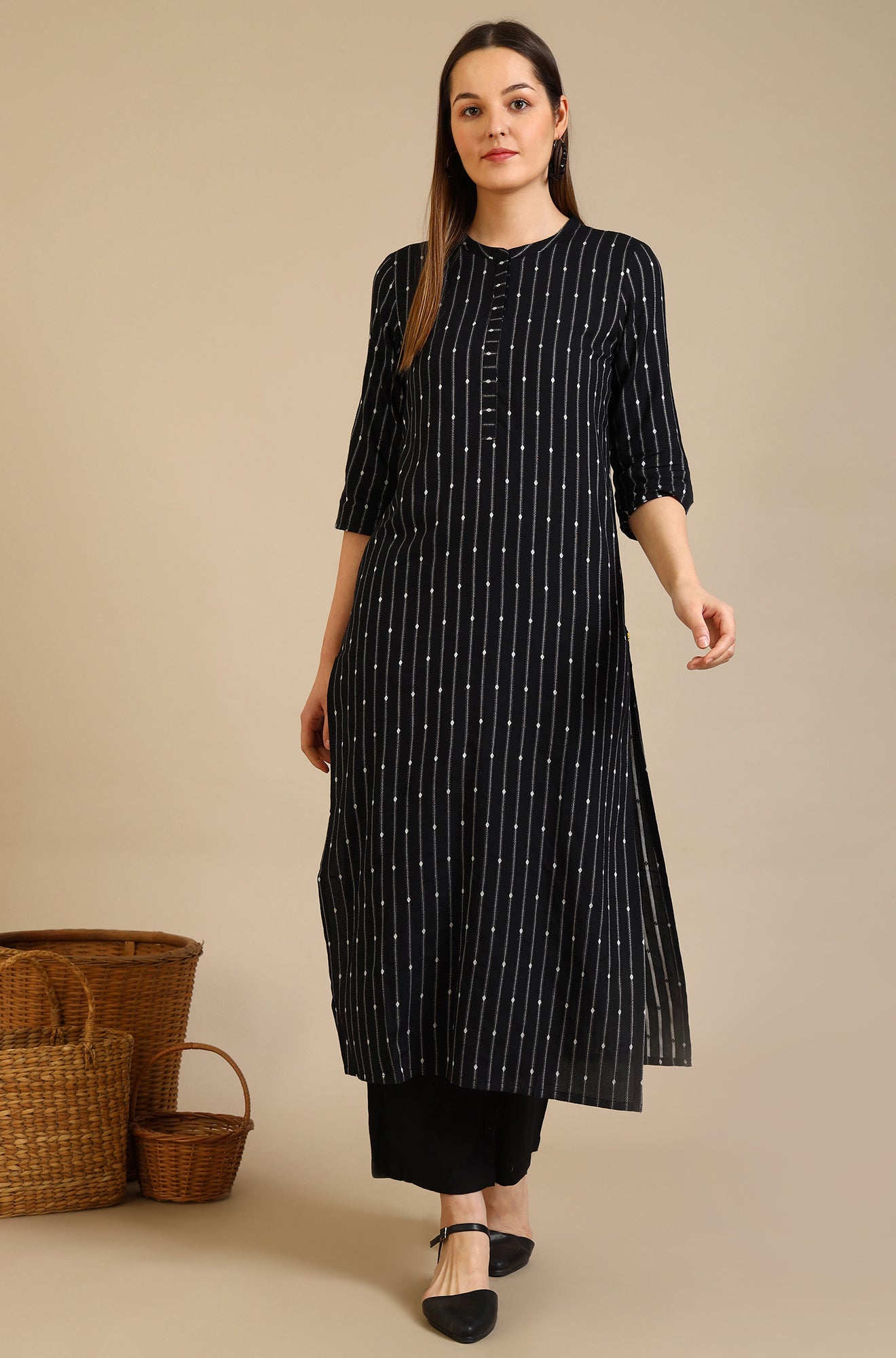 Black Yarn Dyed Striped Straight Kurta