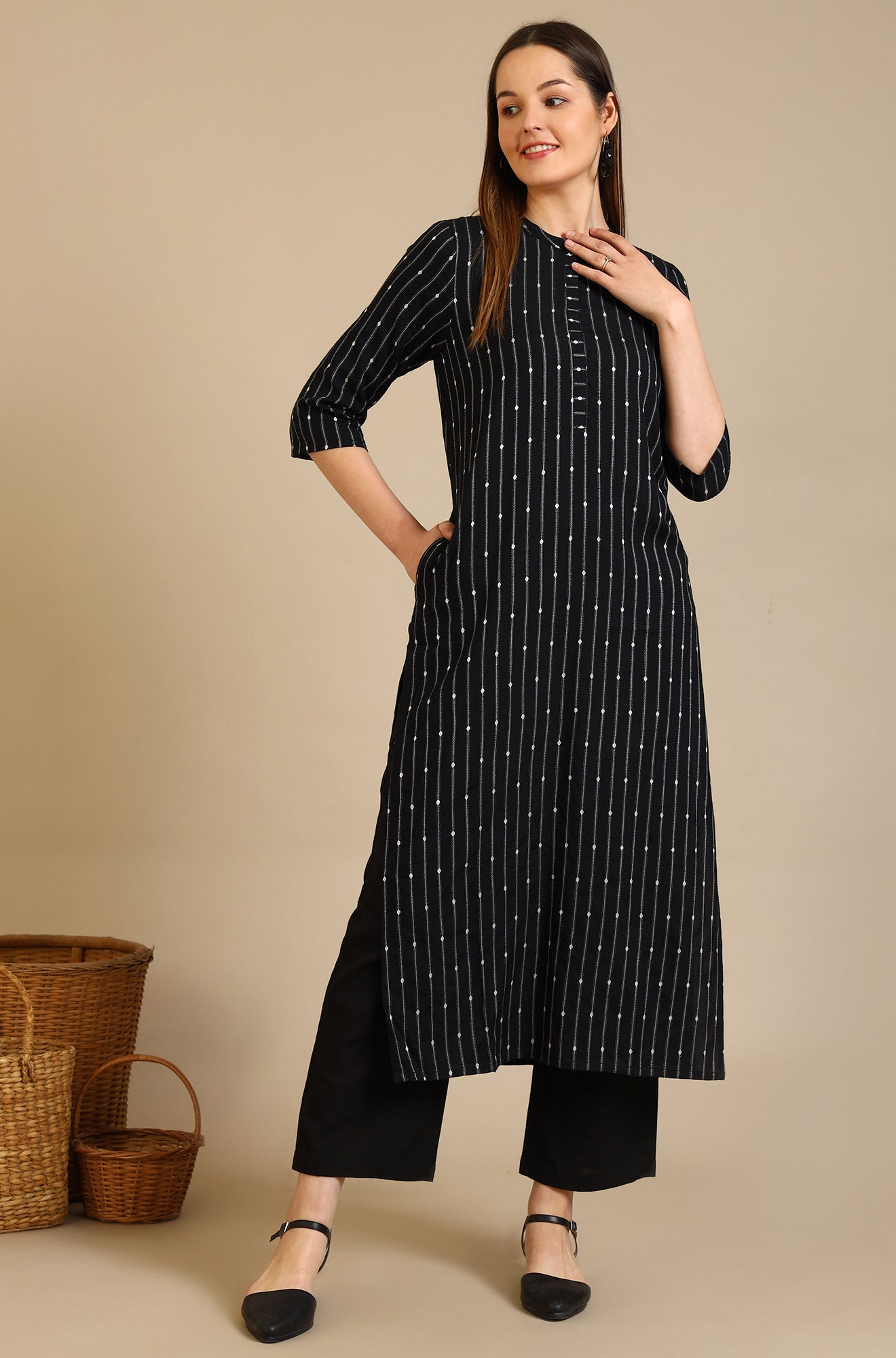 Black Yarn Dyed Striped Straight Kurta