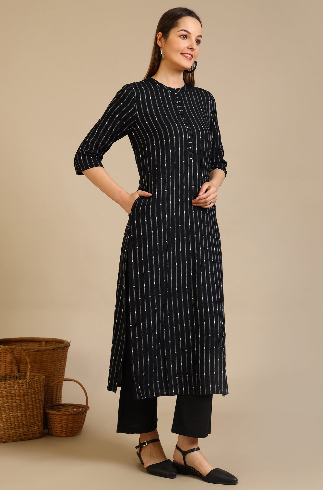 Black Yarn Dyed Striped Straight Kurta