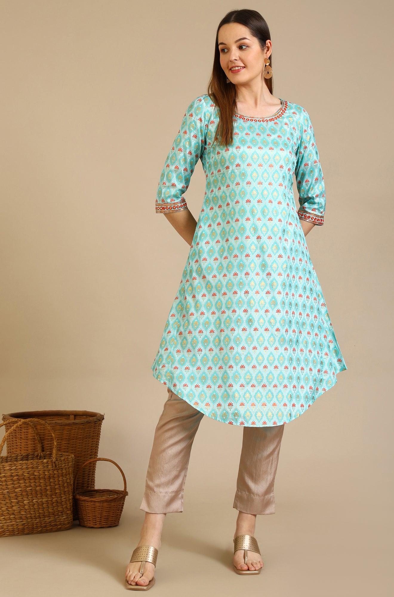 Blue Floral Printed Shantung A-line Kurta