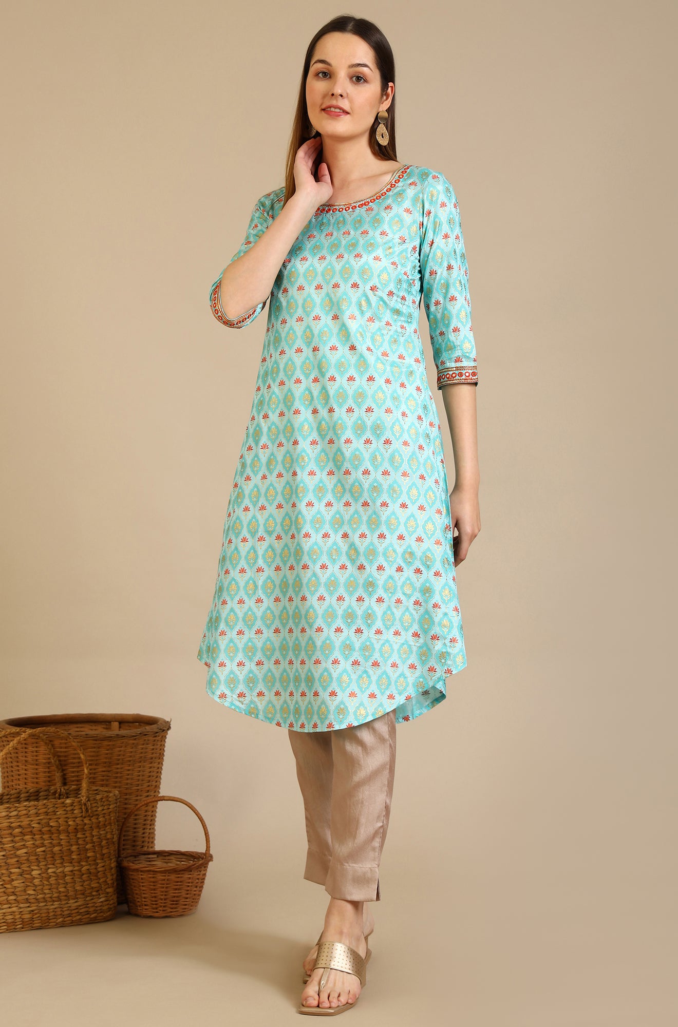 Blue Floral Printed Shantung A-line Kurta