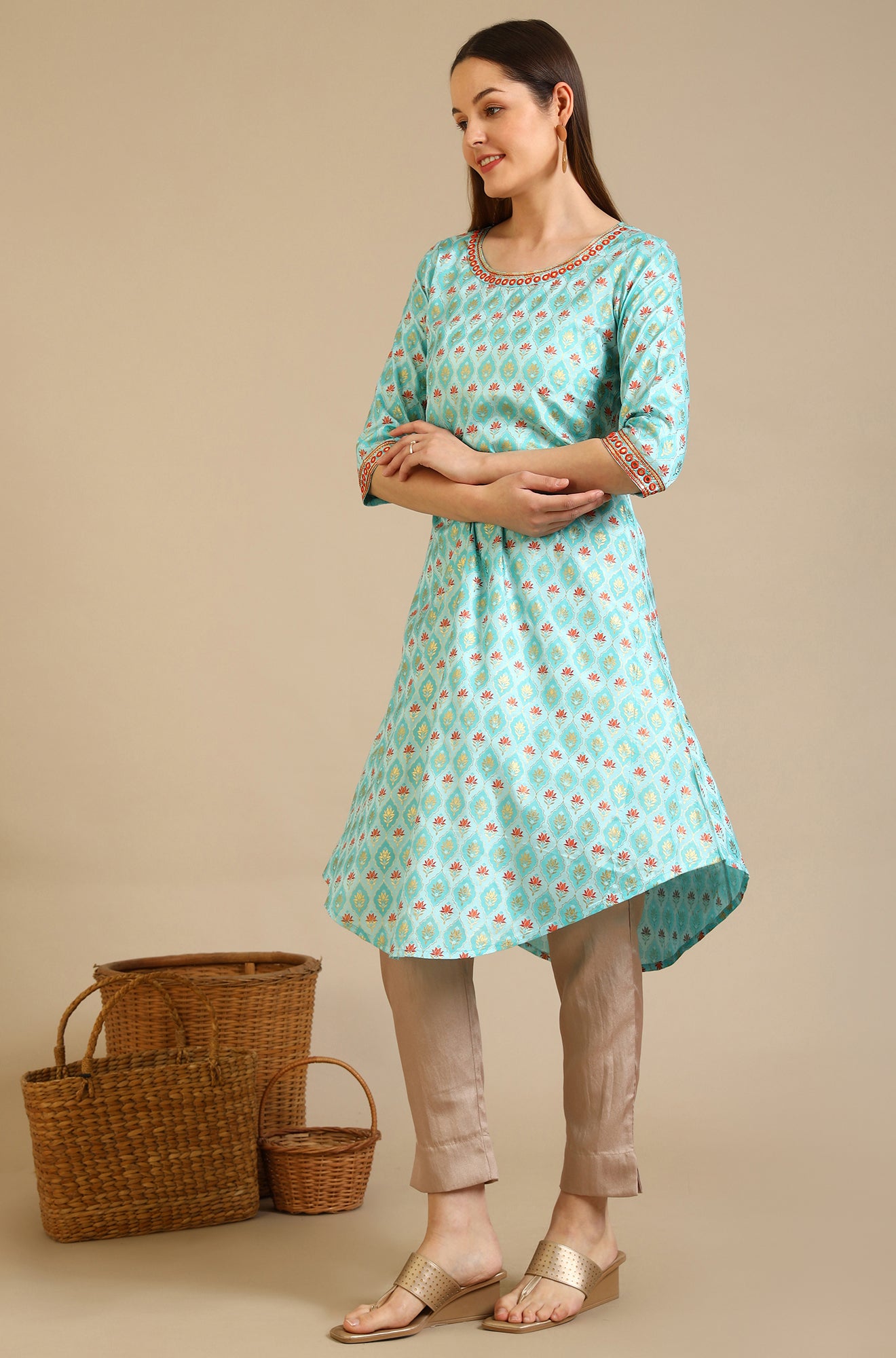 Blue Floral Printed Shantung A-line Kurta