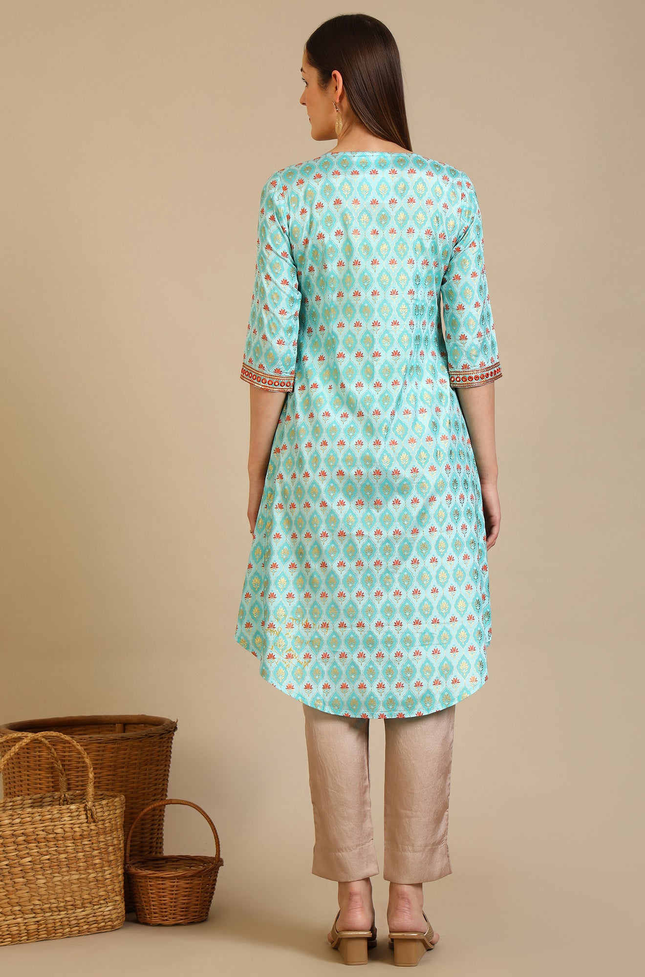 Blue Floral Printed Shantung A-line Kurta