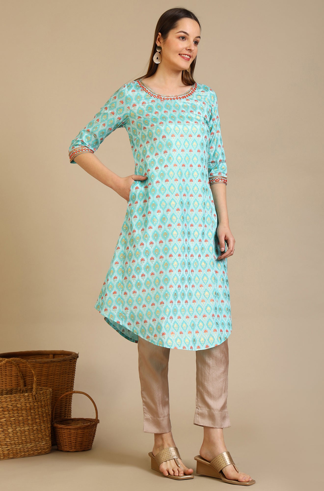 Blue Floral Printed Shantung A-line Kurta