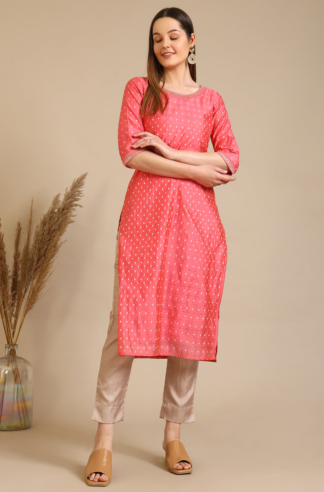 Dark Peach Embroidered Chanderi Butti Straight Kurta