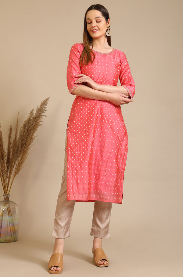Dark Peach Embroidered Chanderi Butti Straight Kurta