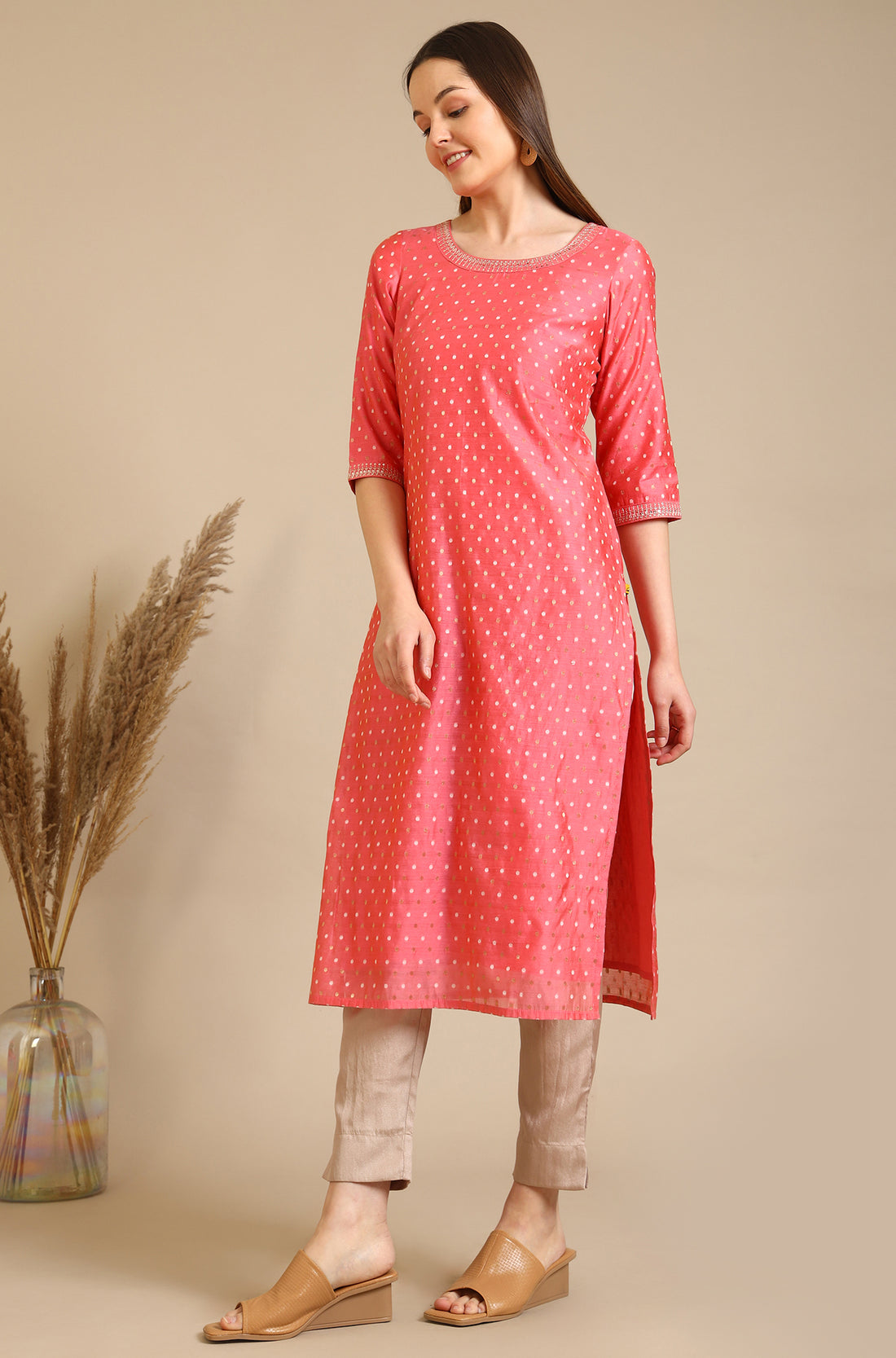 Dark Peach Embroidered Chanderi Butti Straight Kurta