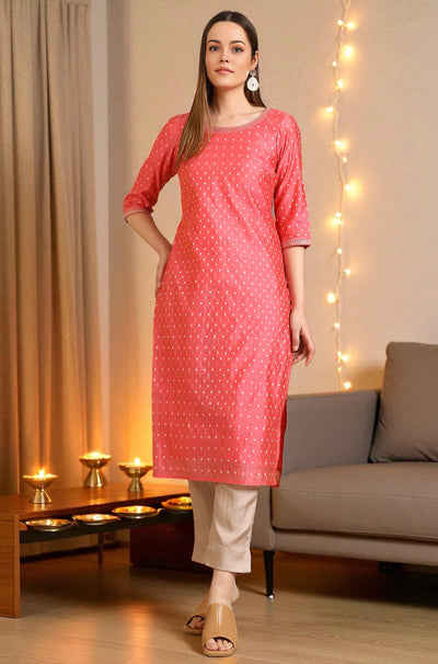 Dark Peach Embroidered Chanderi Butti Straight Kurta