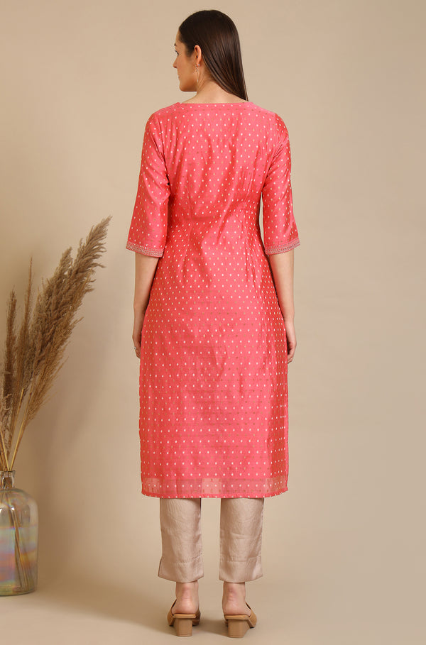 Dark Peach Embroidered Chanderi Butti Straight Kurta