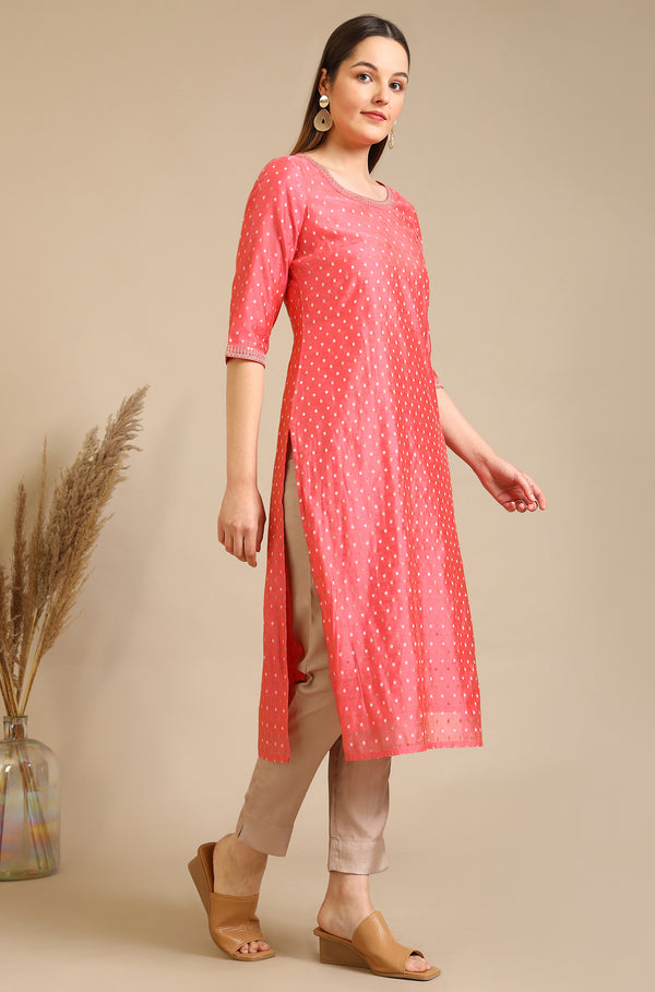 Dark Peach Embroidered Chanderi Butti Straight Kurta