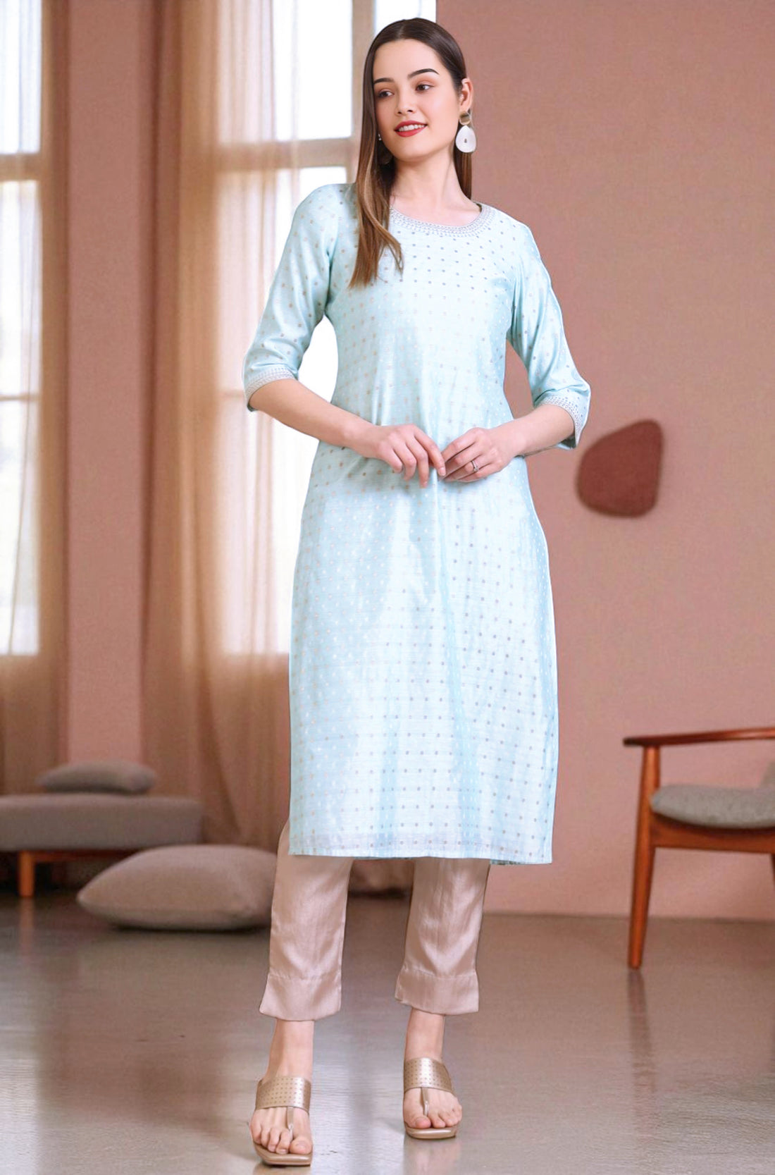 Blue Embroidered Chanderi Butti Straight Kurta