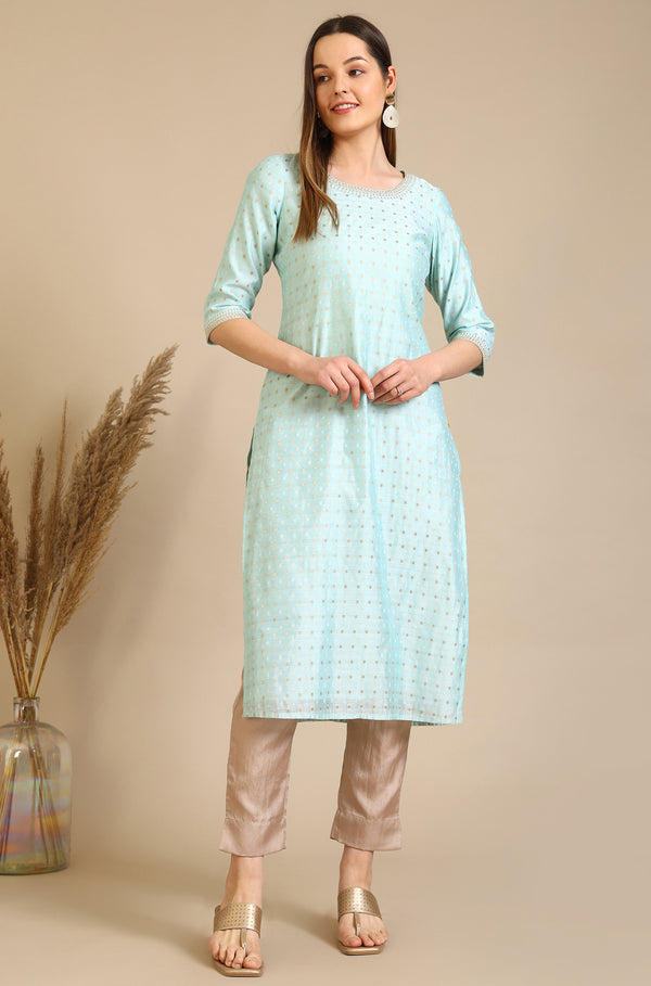 Blue Embroidered Chanderi Butti Straight Kurta