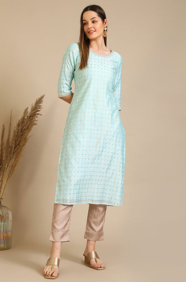Blue Embroidered Chanderi Butti Straight Kurta