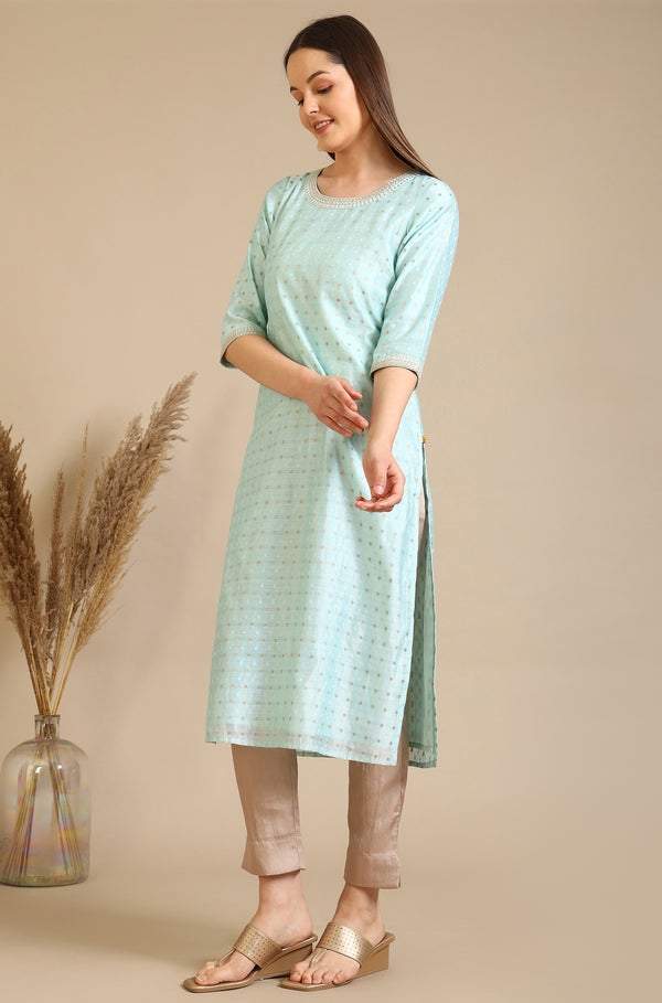 Blue Embroidered Chanderi Butti Straight Kurta