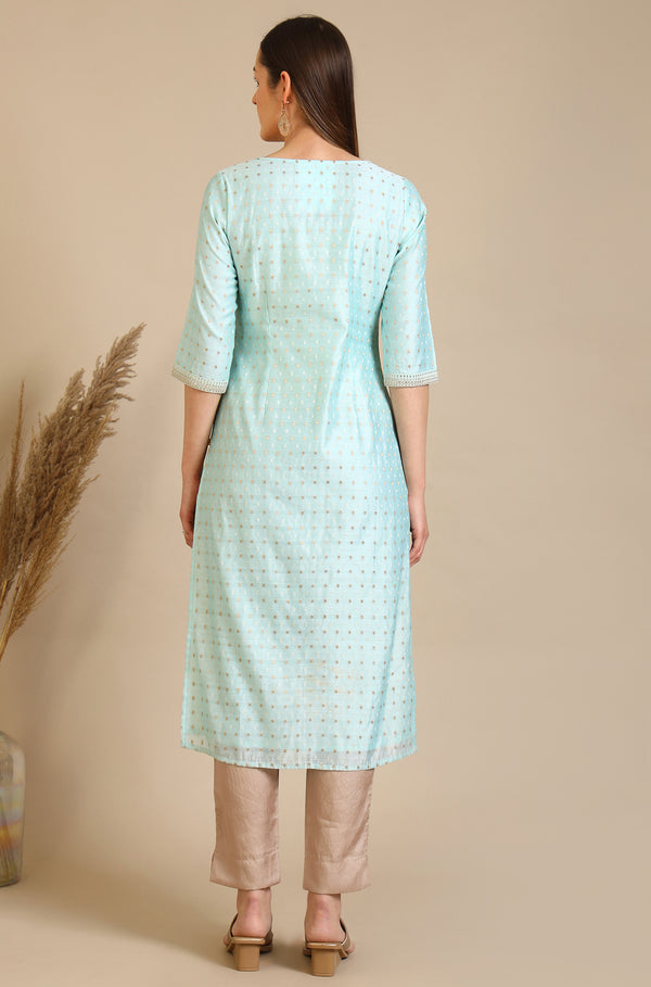 Blue Embroidered Chanderi Butti Straight Kurta