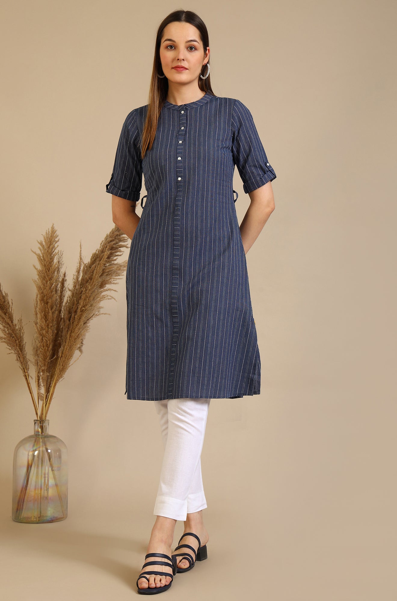 Blue Striped Pure Cotton Mandarin Collar Straight Kurta