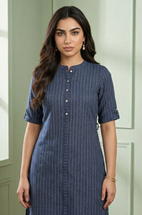 Blue Striped Pure Cotton Mandarin Collar Straight Kurta
