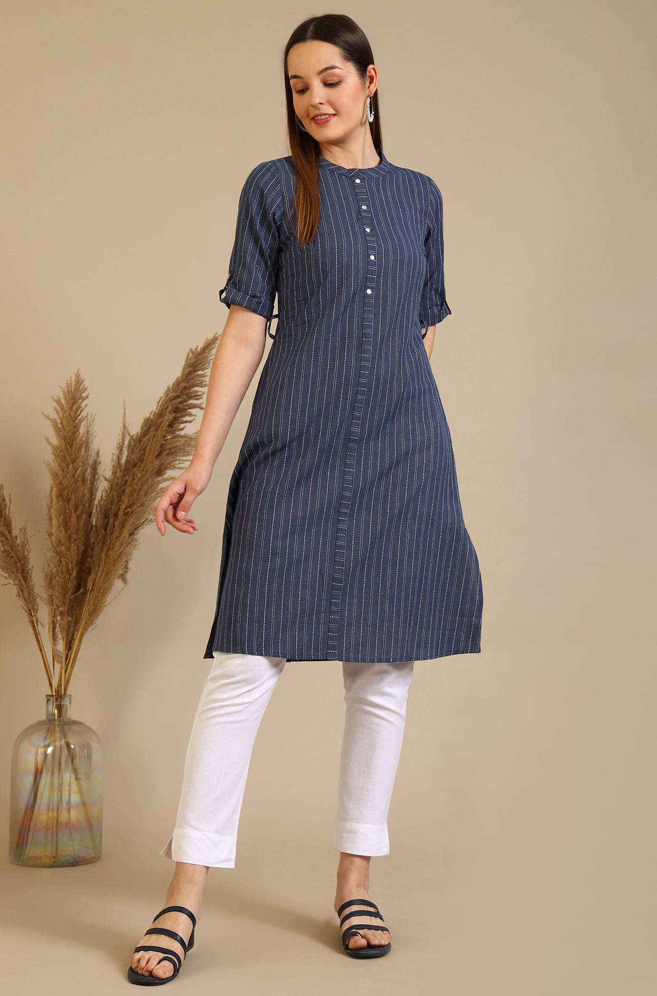 Blue Striped Pure Cotton Mandarin Collar Straight Kurta