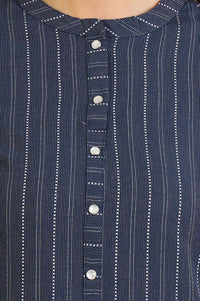 Blue Striped Pure Cotton Mandarin Collar Straight Kurta