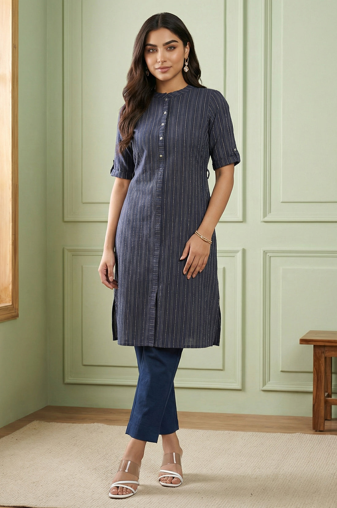 Blue Striped Pure Cotton Mandarin Collar Straight Kurta