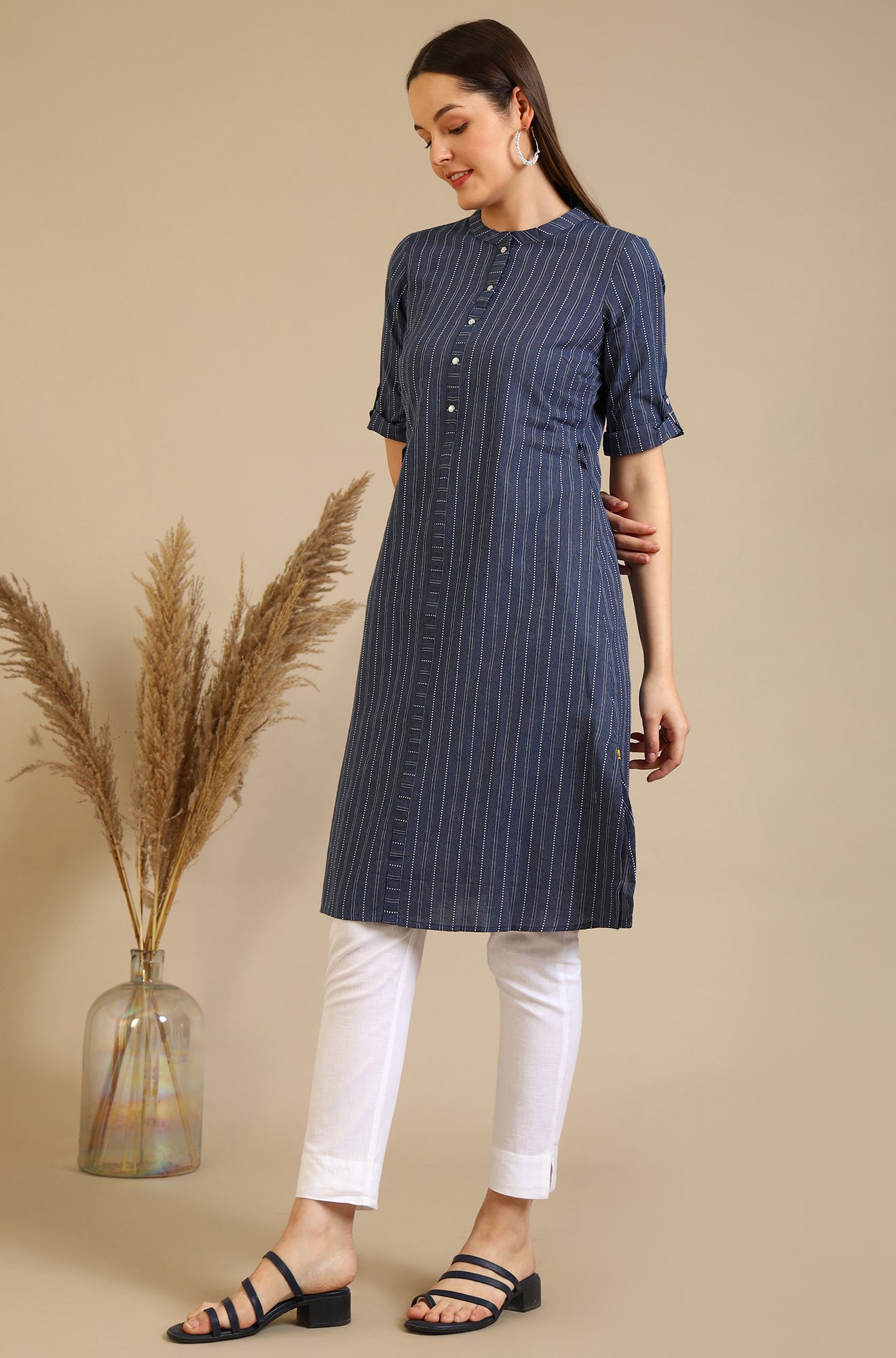 Blue Striped Pure Cotton Mandarin Collar Straight Kurta