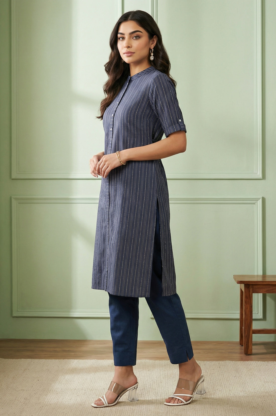Blue Striped Pure Cotton Mandarin Collar Straight Kurta